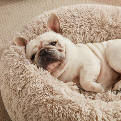 Calming Cat Bed for Indoor Cats,Anti-Anxiety Donut round Dog Bed,Fluffy Faux Fur Washable Pet Bed for Small Medium Dogs and Cats,Taupe,24In