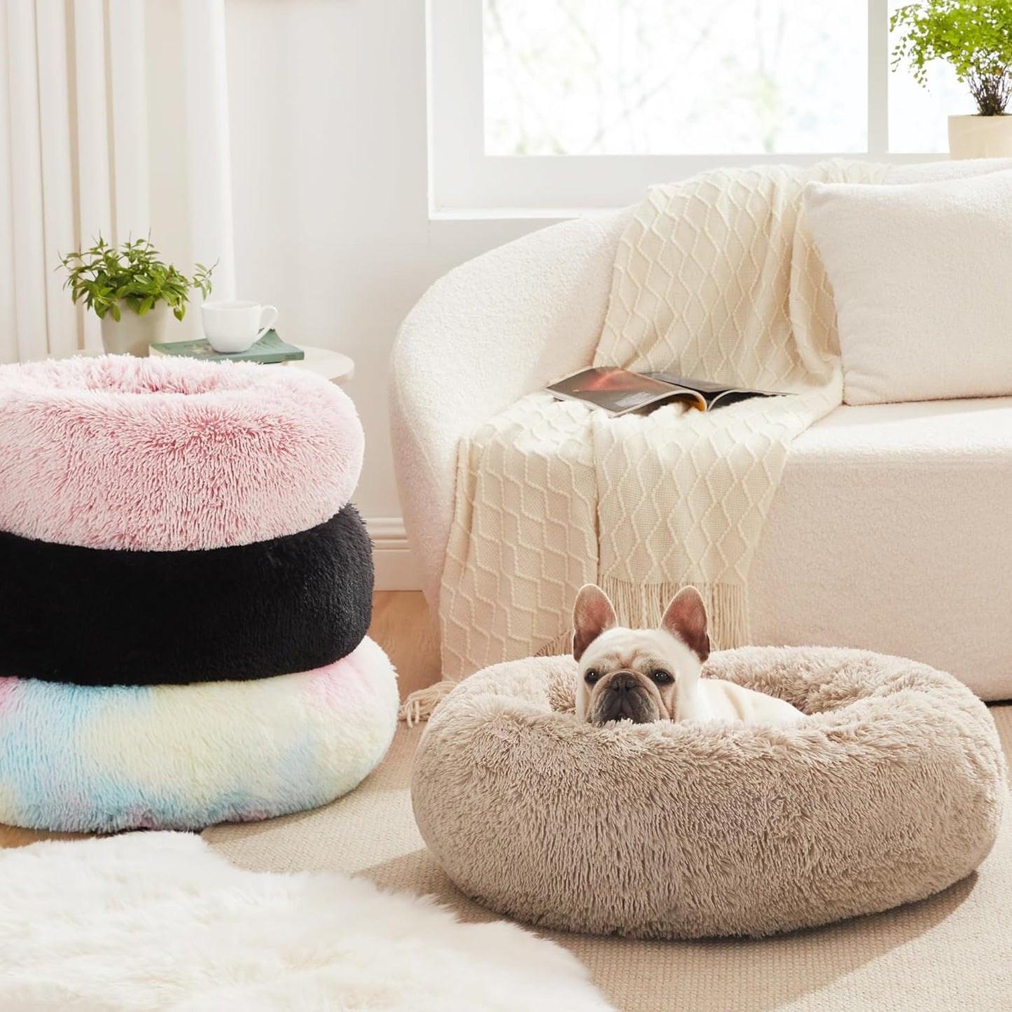Calming Cat Bed for Indoor Cats,Anti-Anxiety Donut round Dog Bed,Fluffy Faux Fur Washable Pet Bed for Small Medium Dogs and Cats,Taupe,24In